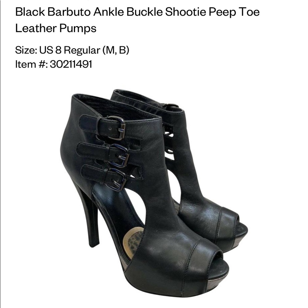 Velvet angels : Black Barbuto Ankle Buckle Shootie Peep Toe Leather Pumps